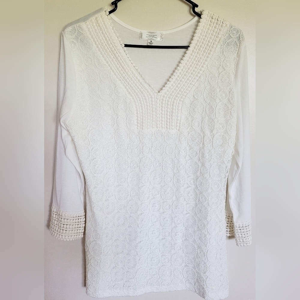 Shannon Ford New York Women's White Lace 3/4 Sleeve Blouse Size Medium